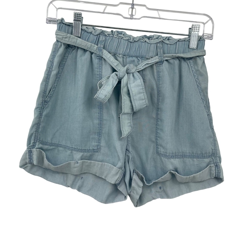 Aerie Paperbag Waist Shorts Womens XS Light Blue Lyocell Tie Belt Cuffed Pockets